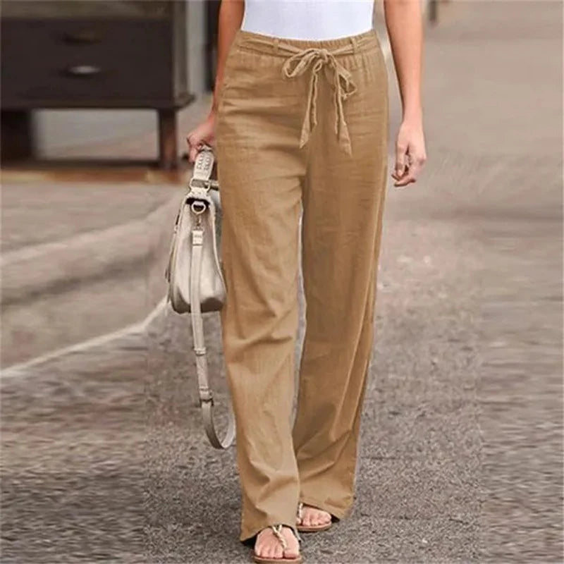 Women Long Pants Casual Loose Cotton Linen Elastic Waist Loose Straight Pants Female Elastic Waist Wide Leg Trousers Streetwear
