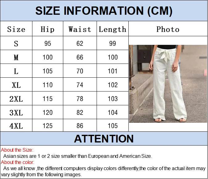 Women Long Pants Casual Loose Cotton Linen Elastic Waist Loose Straight Pants Female Elastic Waist Wide Leg Trousers Streetwear