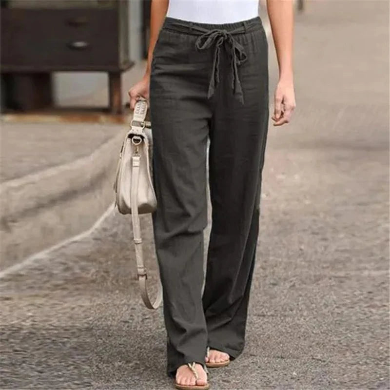 Women Long Pants Casual Loose Cotton Linen Elastic Waist Loose Straight Pants Female Elastic Waist Wide Leg Trousers Streetwear