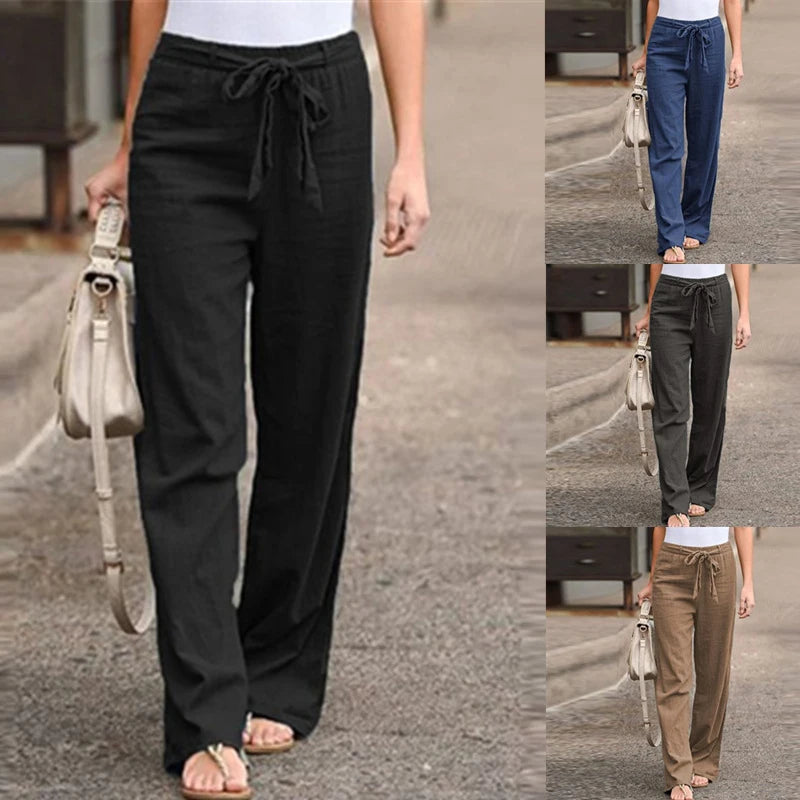 Women Long Pants Casual Loose Cotton Linen Elastic Waist Loose Straight Pants Female Elastic Waist Wide Leg Trousers Streetwear