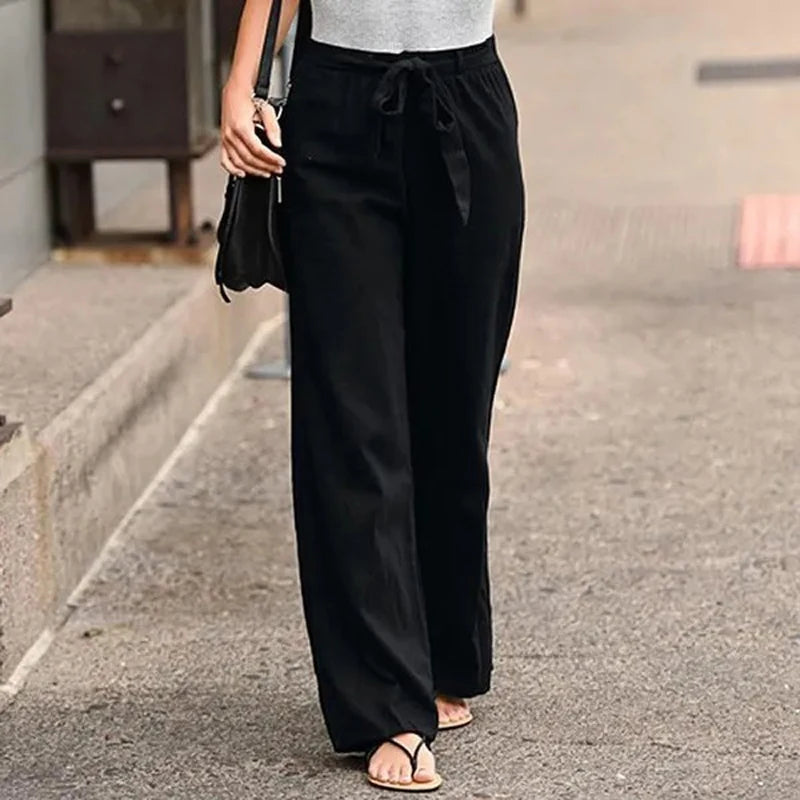 Women Long Pants Casual Loose Cotton Linen Elastic Waist Loose Straight Pants Female Elastic Waist Wide Leg Trousers Streetwear