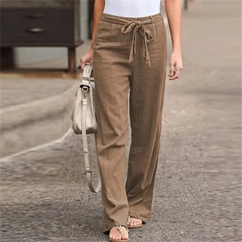 Women Long Pants Casual Loose Cotton Linen Elastic Waist Loose Straight Pants Female Elastic Waist Wide Leg Trousers Streetwear