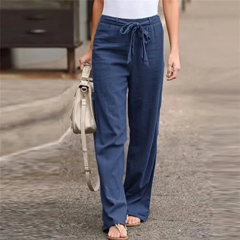 Women Long Pants Casual Loose Cotton Linen Elastic Waist Loose Straight Pants Female Elastic Waist Wide Leg Trousers Streetwear