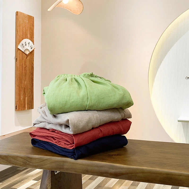 Women Vintage Literature Tie-dye Pants Summer Cotton Linen All-match Harem Pants Lady Casual Loose Bloomers Wide Leg Trousers