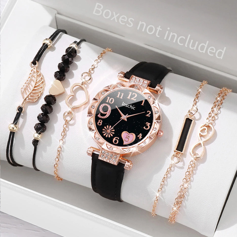 6PCS/Set Fashion Heart Dial Women's Watch Casual Leather Band Analog Quartz Watch Leaf Bracelets Set(Without Box)