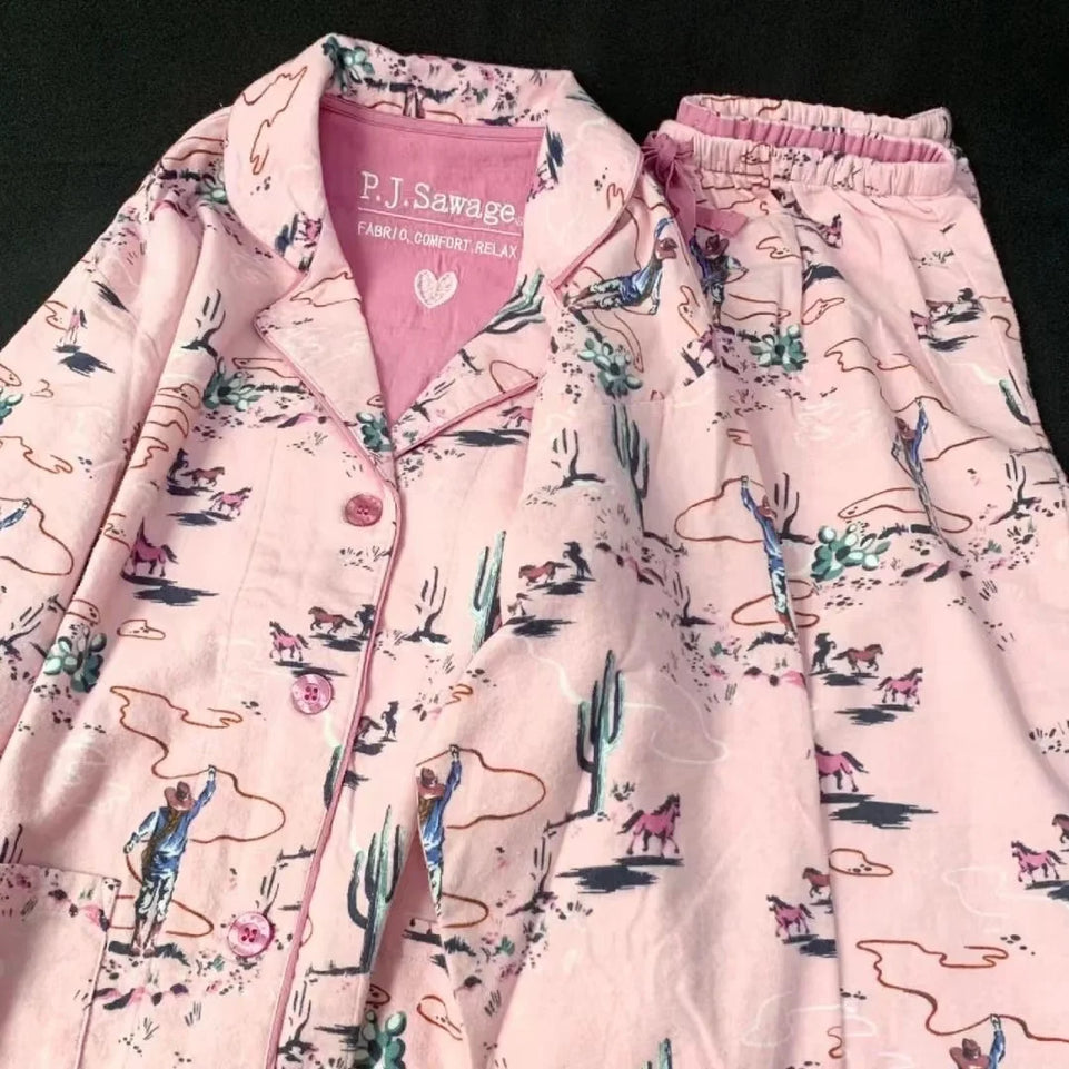 New Loungewear Women 2 Piece Set Pj Sets Loose Cartoon Women Outfit 100% Cotton Pajamas for Women Casual Sleepwear Set Pijamas