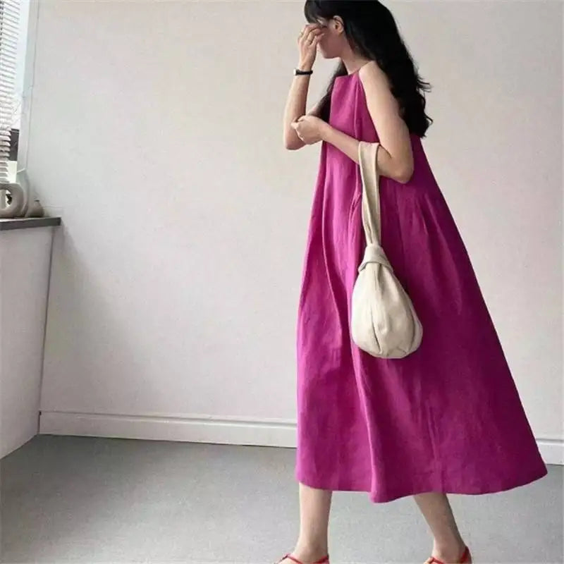 Women New Dresses Cotton Linen Sleeveless Loose Casual O-Neck Long Dress Robes vestidos casuales платье женское