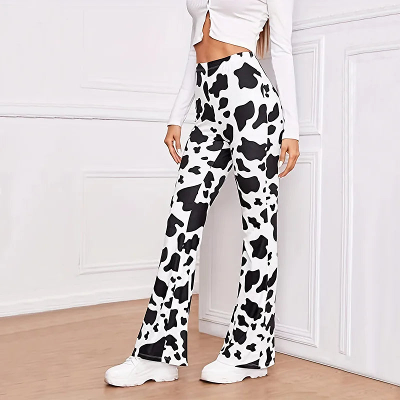 Women's milk cow printed bell bottomed pants with elastic casual sexy and comfortable pants
