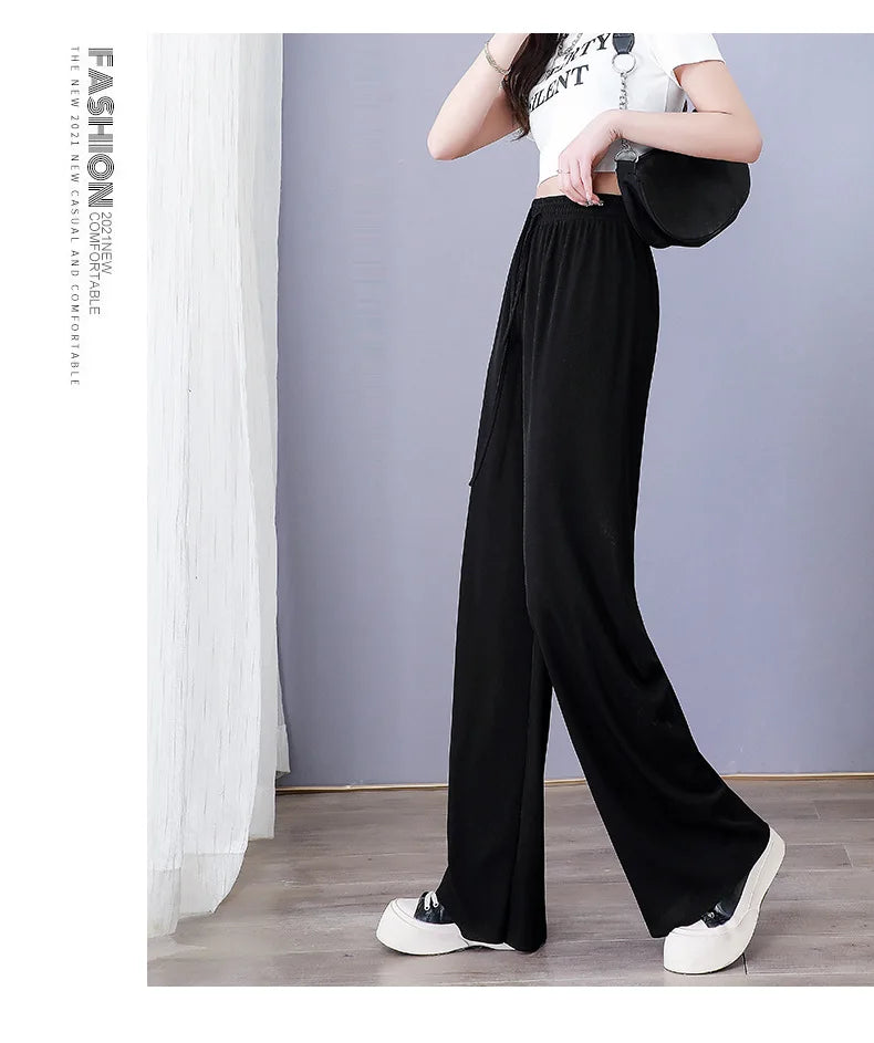 Women Long Pants Causal Elastic Waist Loose Basic Long Trousers For Female Spring Summer Wide Leg Long Pants