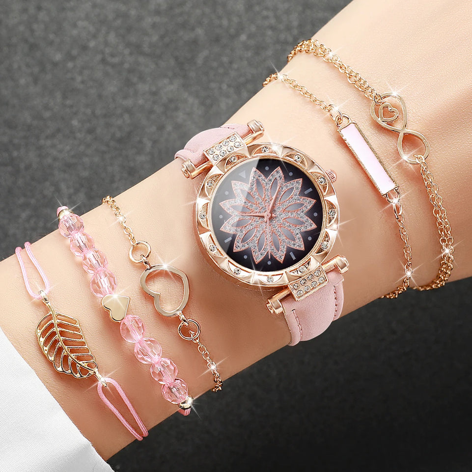 6PCS/Set Fashion Heart Dial Women's Watch Casual Leather Band Analog Quartz Watch Leaf Bracelets Set(Without Box)