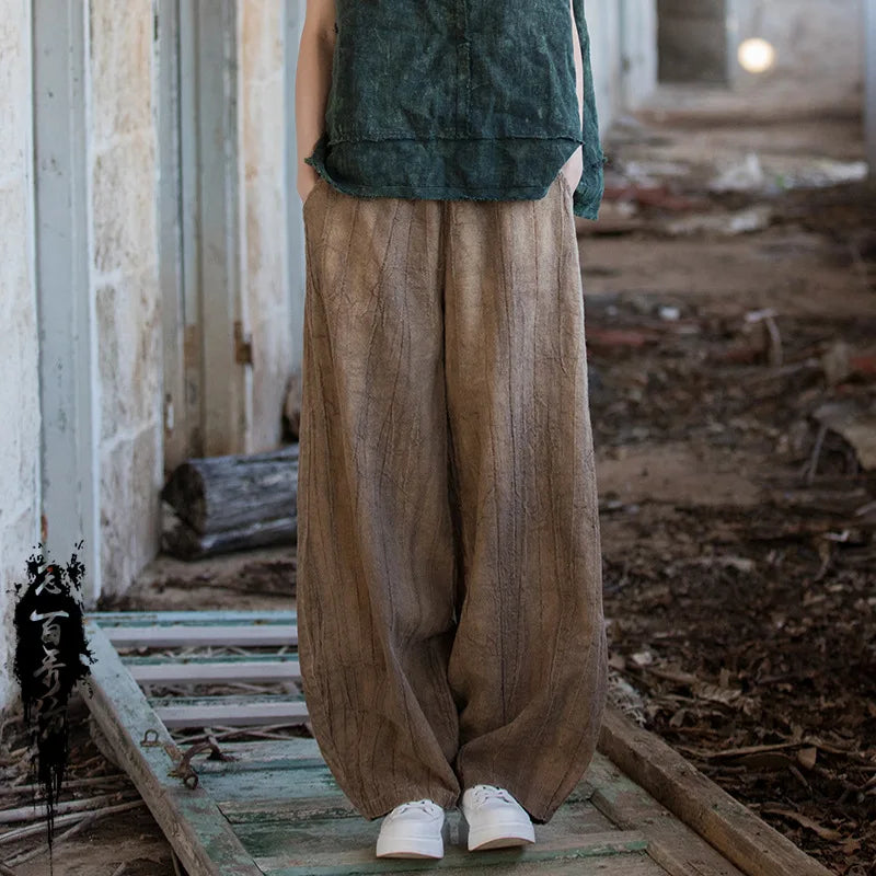 Women Vintage Literature Tie-dye Pants Summer Cotton Linen All-match Harem Pants Lady Casual Loose Bloomers Wide Leg Trousers