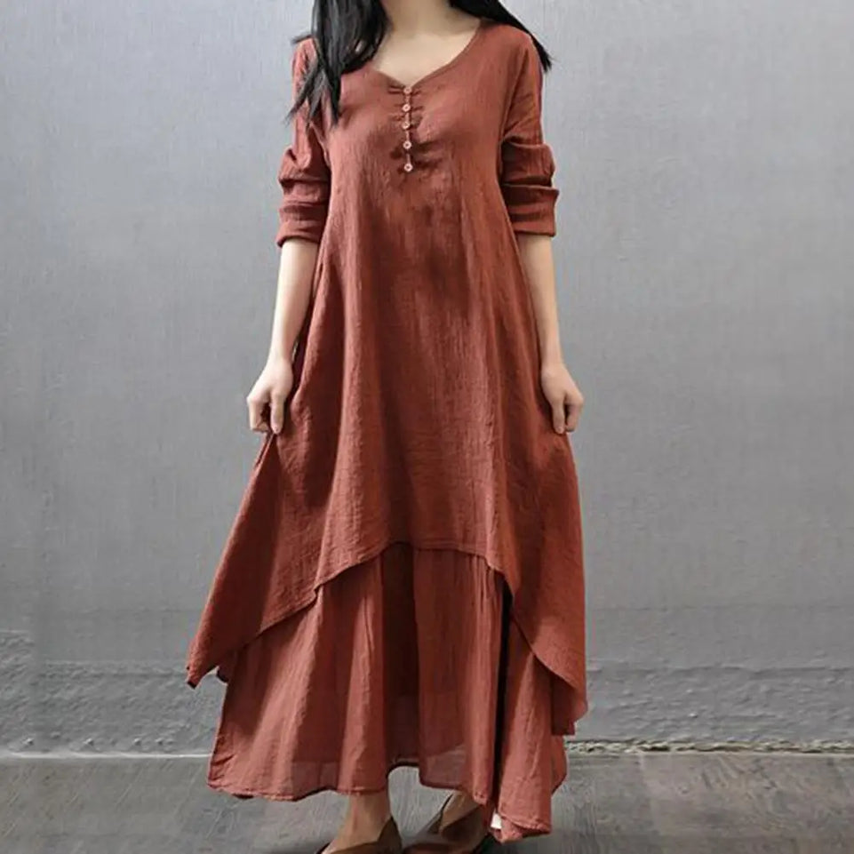 Women Elegant Linen White Dresses Bohemia Layering Vintage Robe Long Sleeve Loose Long Dress Female Autumn Vestidos