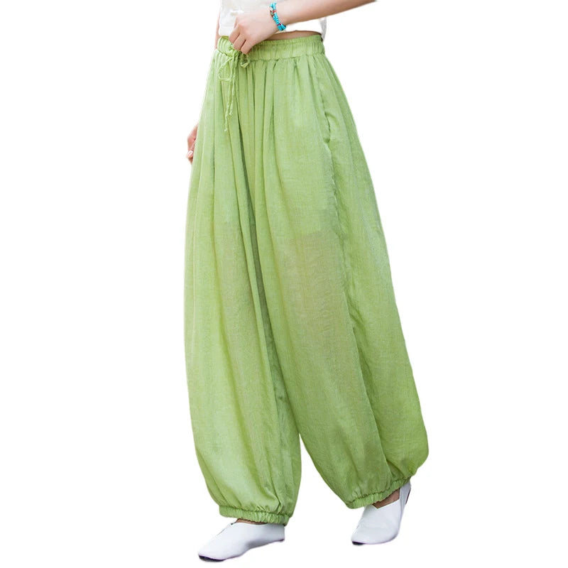 Women Vintage Literature Tie-dye Pants Summer Cotton Linen All-match Harem Pants Lady Casual Loose Bloomers Wide Leg Trousers