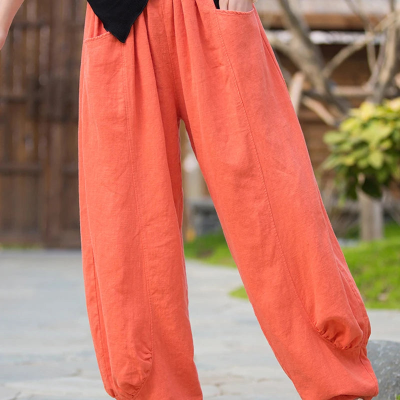 Women Vintage Literature Tie-dye Pants Summer Cotton Linen All-match Harem Pants Lady Casual Loose Bloomers Wide Leg Trousers