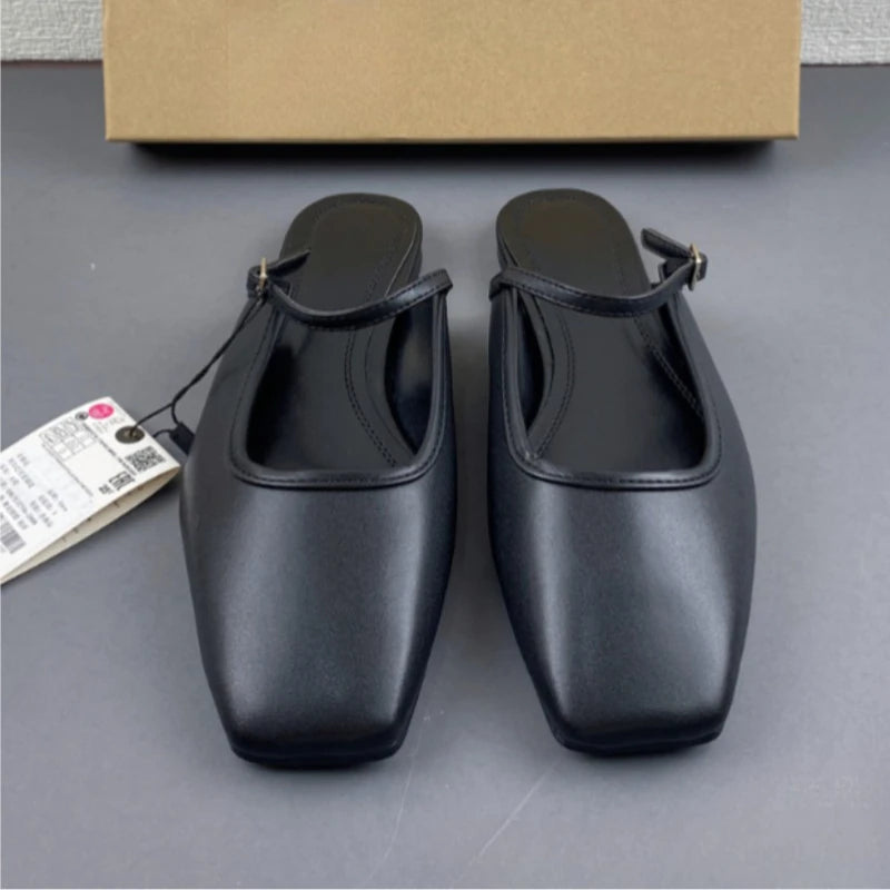 New Women Flats 2025 Square Toe Buckle Strap Breathable Mules Satin Leisure Slingbacks Chic Fashion Designer Shoes for Ladies