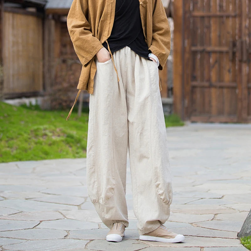 Women Vintage Literature Tie-dye Pants Summer Cotton Linen All-match Harem Pants Lady Casual Loose Bloomers Wide Leg Trousers