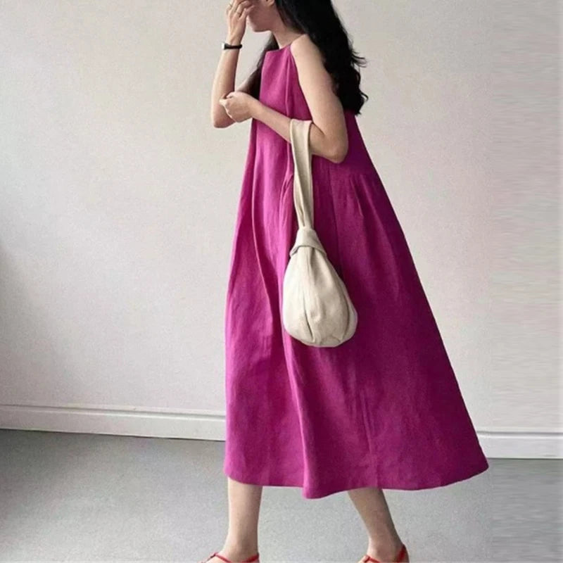 Women New Dresses Cotton Linen Sleeveless Loose Casual O-Neck Long Dress Robes vestidos casuales платье женское