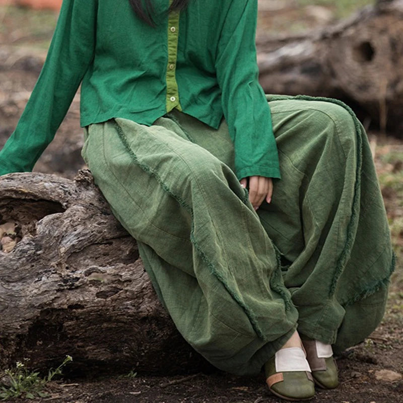 Women Vintage Literature Tie-dye Pants Summer Cotton Linen All-match Harem Pants Lady Casual Loose Bloomers Wide Leg Trousers