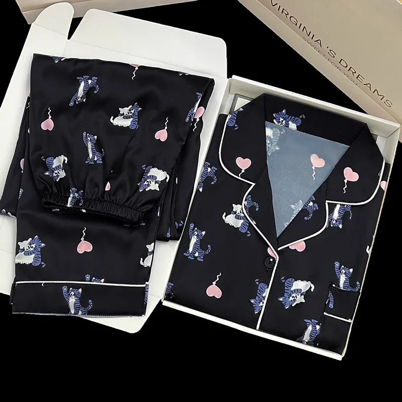 European Style Elegant Classy Fashion Trendy Female Lounges Aesthetics Print Spring Autumn Sleepwear for Women Y2k Sweet Pajamas