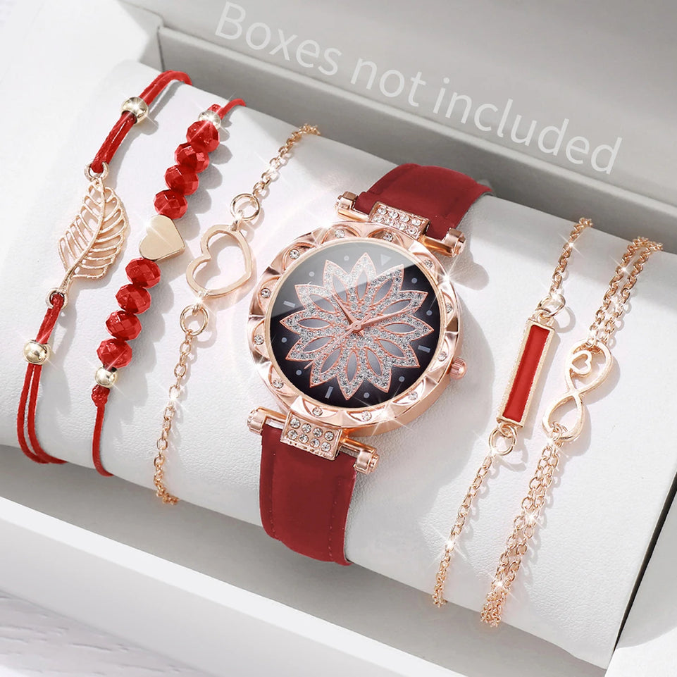 6PCS/Set Fashion Heart Dial Women's Watch Casual Leather Band Analog Quartz Watch Leaf Bracelets Set(Without Box)