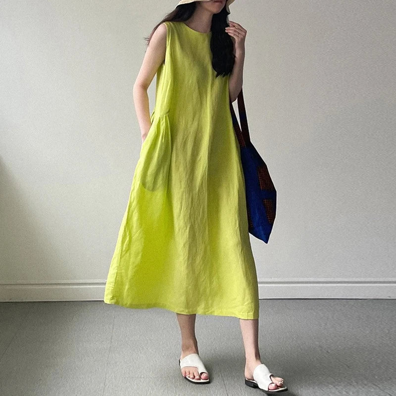 Women New Dresses Cotton Linen Sleeveless Loose Casual O-Neck Long Dress Robes vestidos casuales платье женское