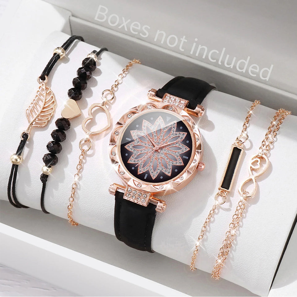 6PCS/Set Fashion Heart Dial Women's Watch Casual Leather Band Analog Quartz Watch Leaf Bracelets Set(Without Box)