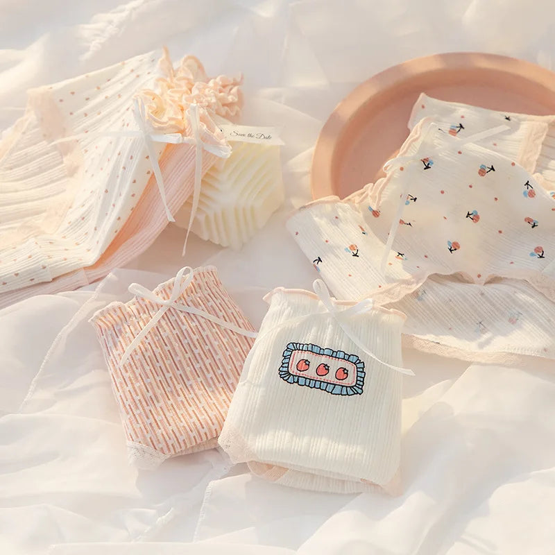 Women's Cotton Underwear Lovely Girl Bow Panties Sexy Lace Panties Mid Waist Seamless Comfort Briefs Female Lingerie