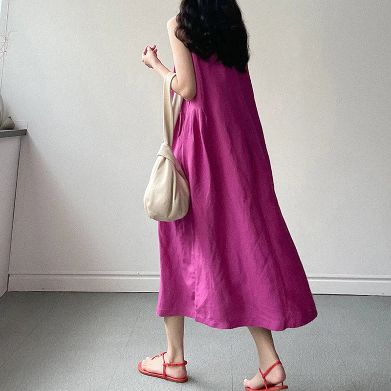 Women New Dresses Cotton Linen Sleeveless Loose Casual O-Neck Long Dress Robes vestidos casuales платье женское