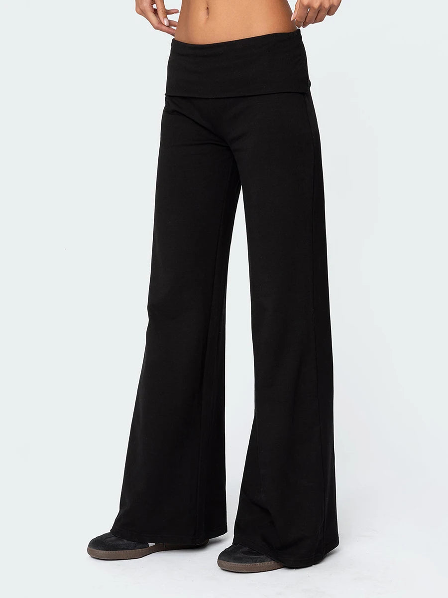 Women Low Waist Flare Leggings Fold Over Skinny Yoga Pants Wide Leg Stretchy Bootcut Bell Bottoms Leggings Loungewear Sweatpants