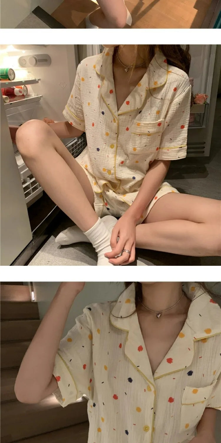 Women's Pajamas Set Foam Cotton Sleepwear Button down Tops and Shorts Pajama 2 Piece Suit Femme Nightwear Loungewear for Summer