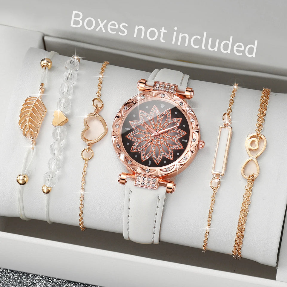 6PCS/Set Fashion Heart Dial Women's Watch Casual Leather Band Analog Quartz Watch Leaf Bracelets Set(Without Box)