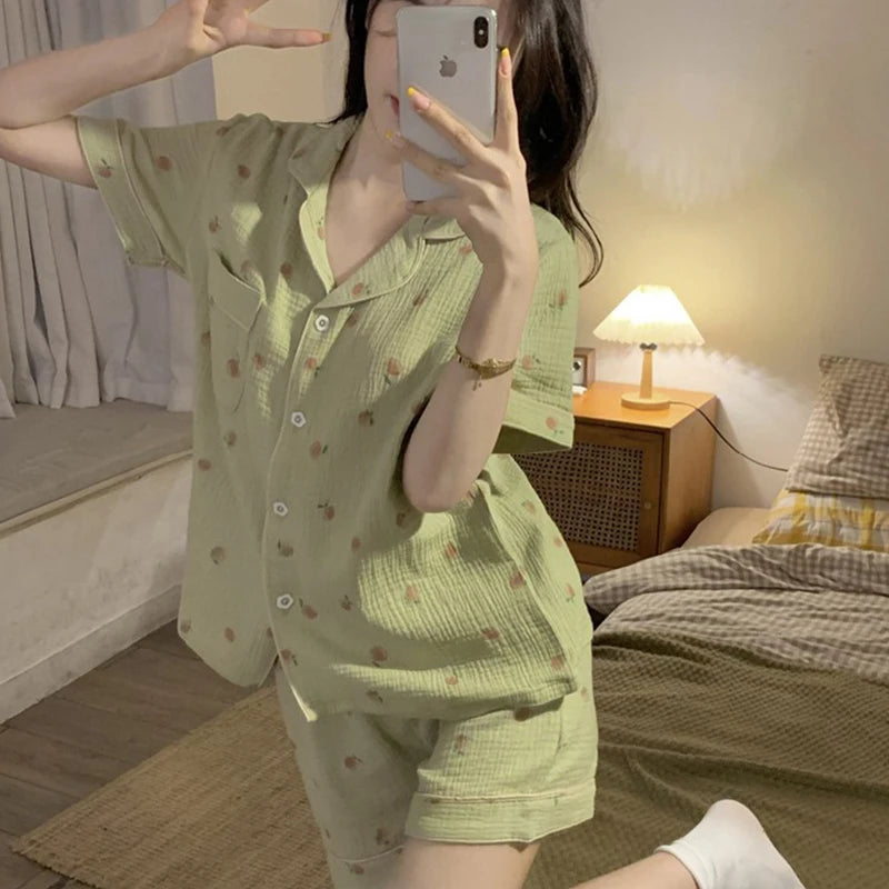 Women's Pajamas Set Foam Cotton Sleepwear Button down Tops and Shorts Pajama 2 Piece Suit Femme Nightwear Loungewear for Summer