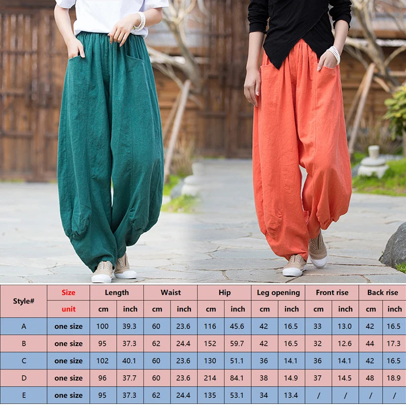 Women Vintage Literature Tie-dye Pants Summer Cotton Linen All-match Harem Pants Lady Casual Loose Bloomers Wide Leg Trousers