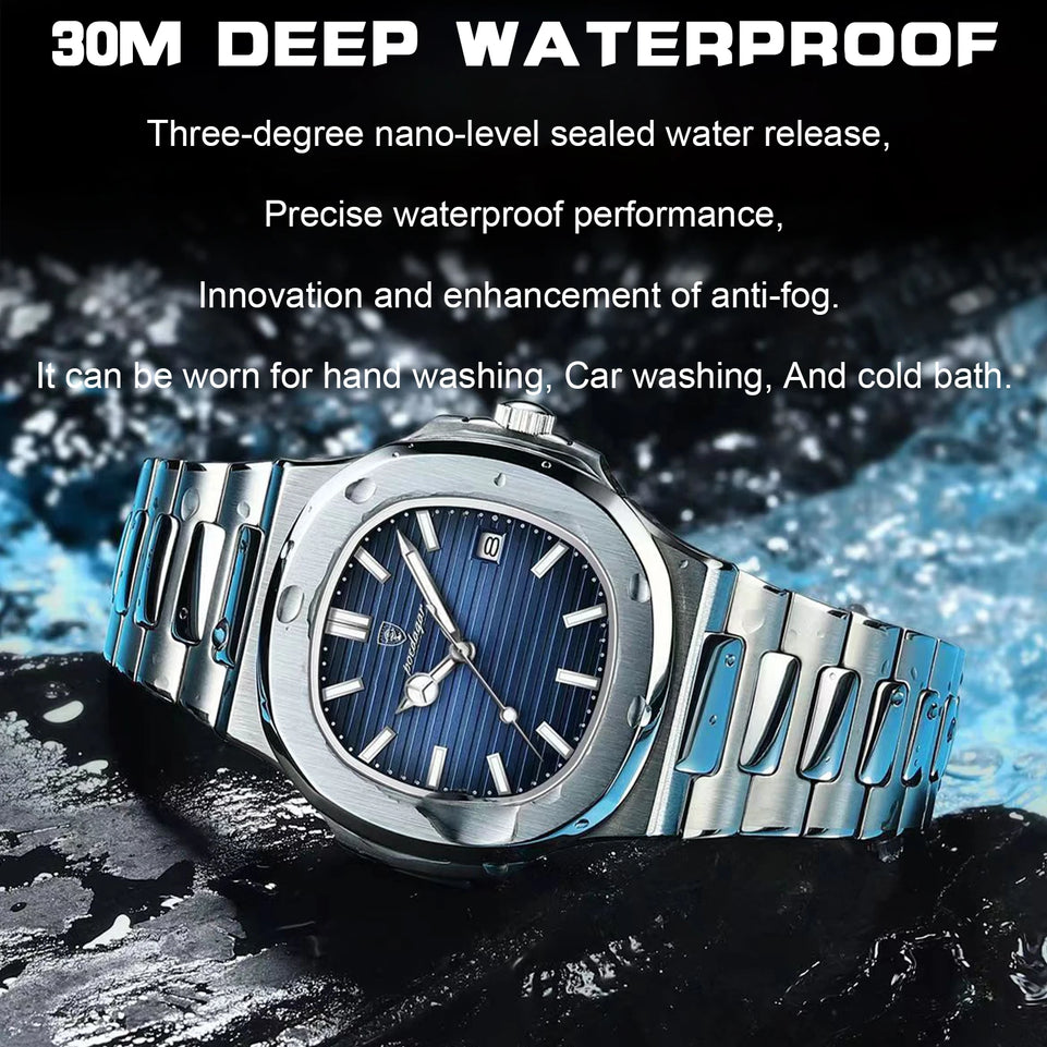 POEDAGAR Square Luxury Men Wristwatch Waterproof Luminous Date Stainless Steel Male Clock Business Sports Quartz Watches For Men