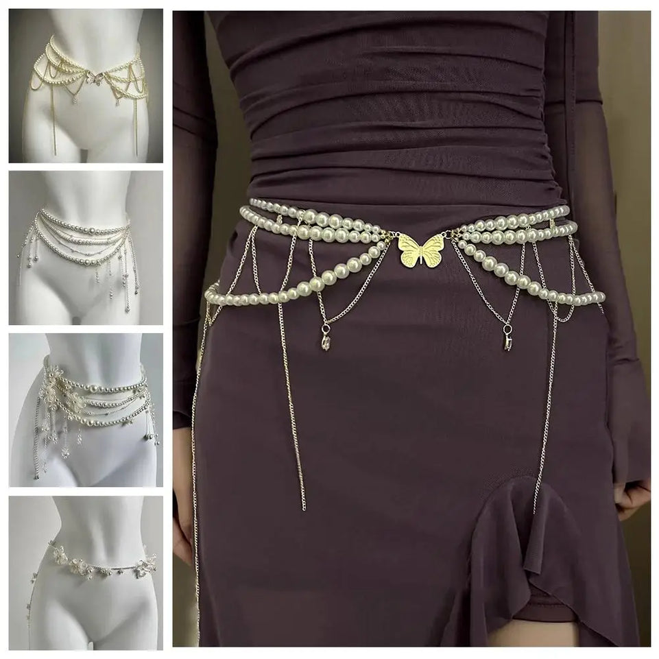 Fashion Y2K Retro Multilayer Pearl Waist Chain Belt For Women - Stylish Body Jewelry Accessories For Party & Casual Wear