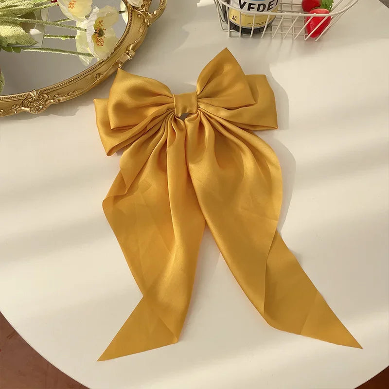Korean Accessories Hair Clips for Women Girls Big Bowknot Solid Satin Long Ribbon Bows Spring Clamp Barette Cheveux Femme 2023