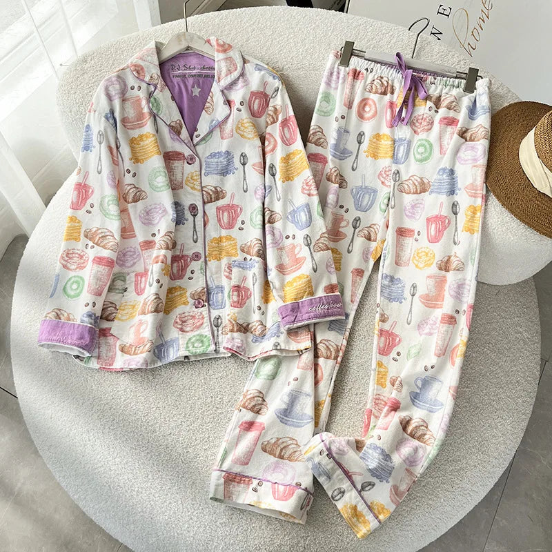 New Loungewear Women 2 Piece Set Pj Sets Loose Cartoon Women Outfit 100% Cotton Pajamas for Women Casual Sleepwear Set Pijamas