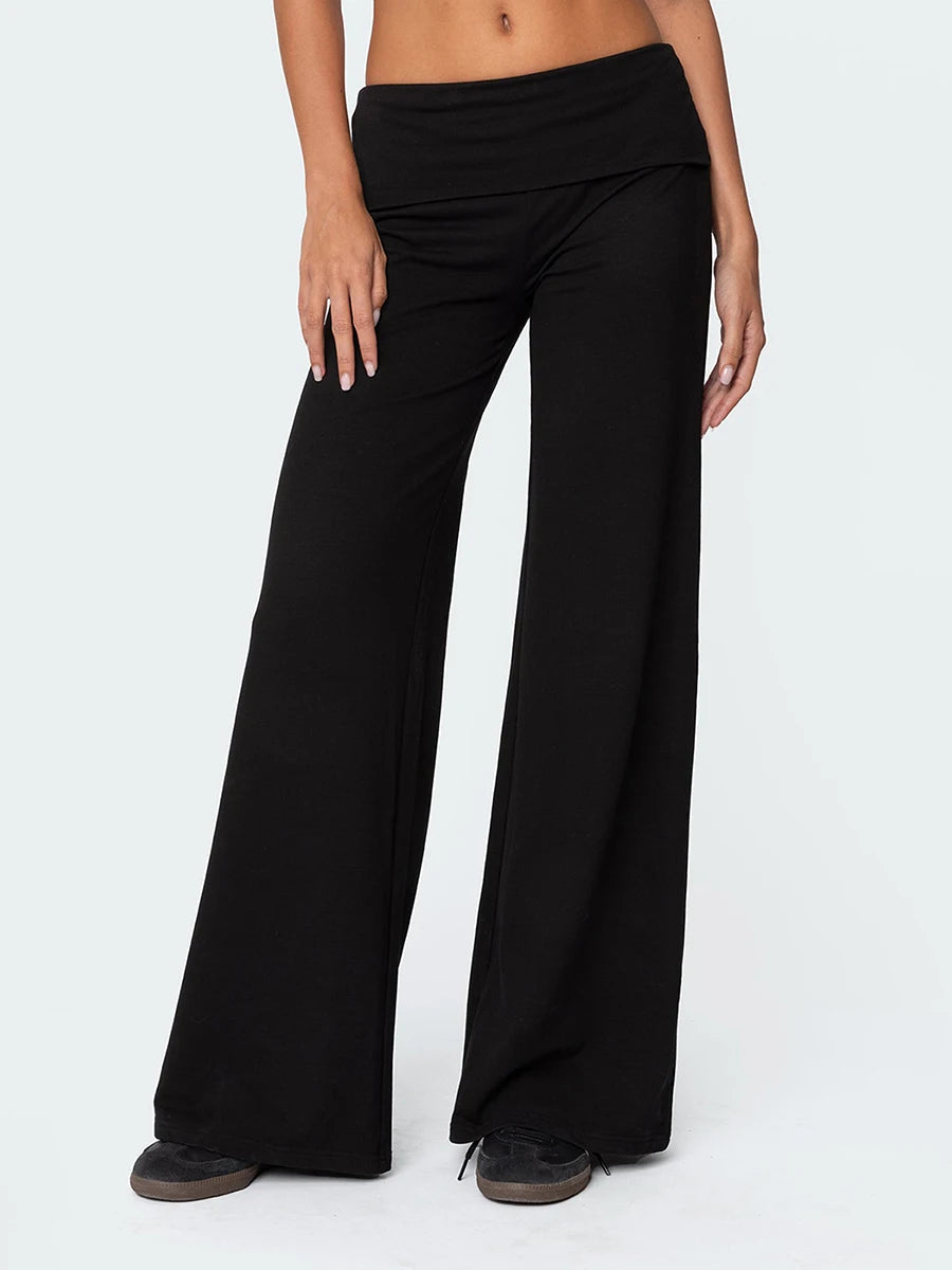 Women Low Waist Flare Leggings Fold Over Skinny Yoga Pants Wide Leg Stretchy Bootcut Bell Bottoms Leggings Loungewear Sweatpants