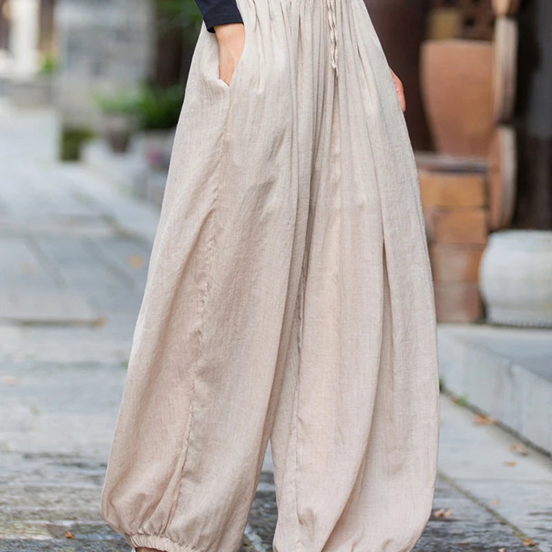 Women Vintage Literature Tie-dye Pants Summer Cotton Linen All-match Harem Pants Lady Casual Loose Bloomers Wide Leg Trousers