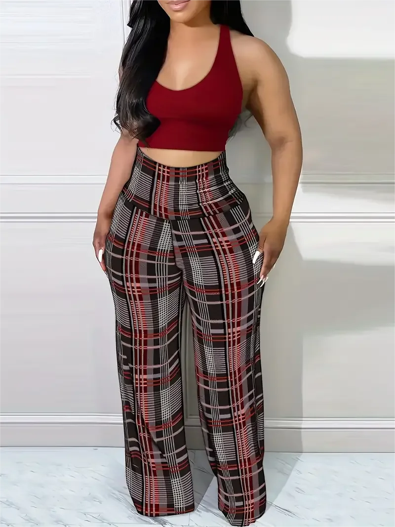 Women's Plaid Wide Leg Pants High Waist Casual Loose Trousers for Spring Summer