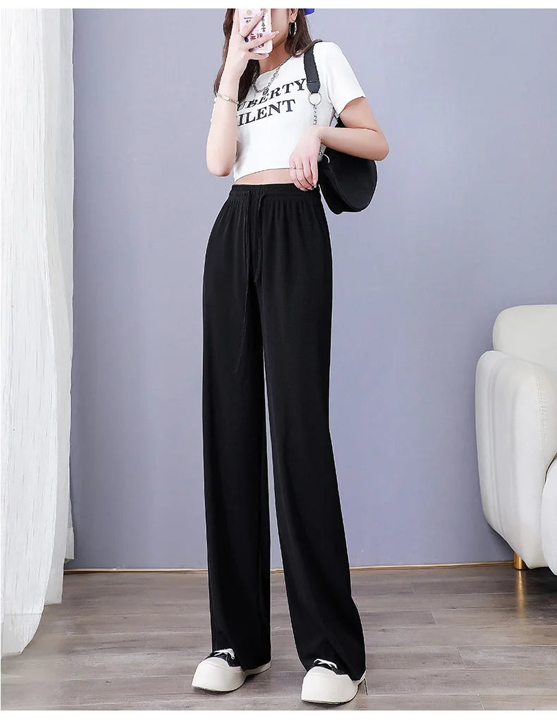 Women Long Pants Causal Elastic Waist Loose Basic Long Trousers For Female Spring Summer Wide Leg Long Pants