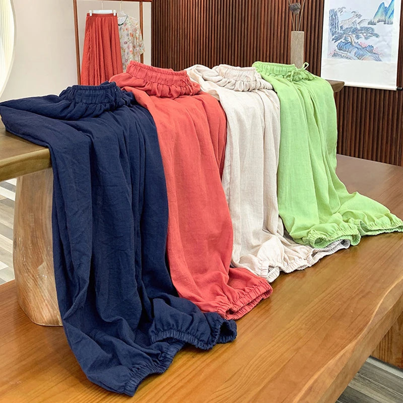 Women Vintage Literature Tie-dye Pants Summer Cotton Linen All-match Harem Pants Lady Casual Loose Bloomers Wide Leg Trousers