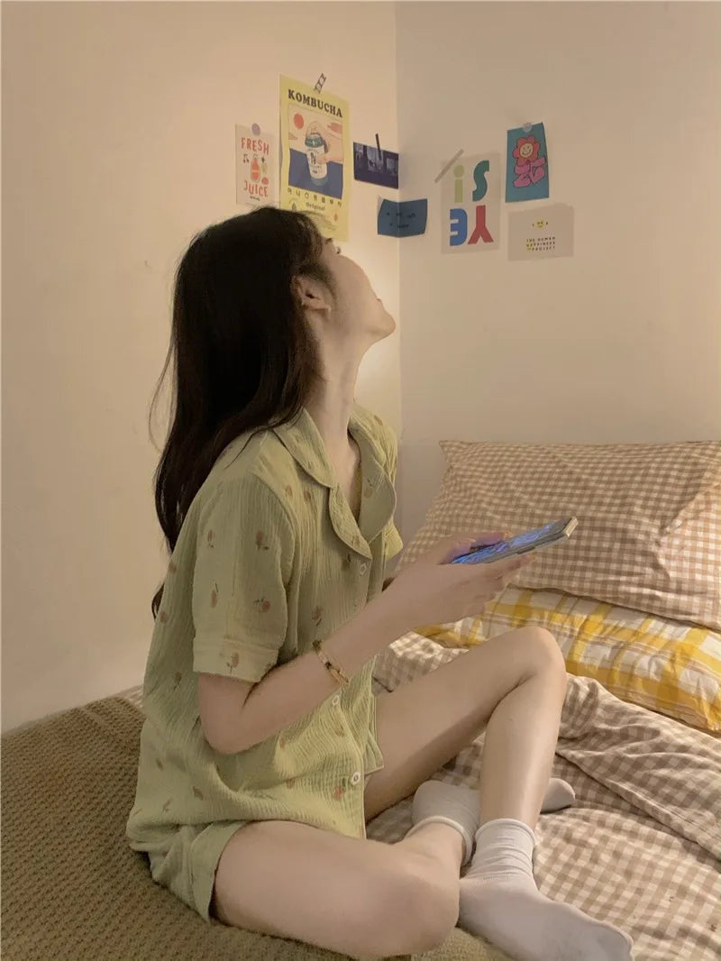 Women's Pajamas Set Foam Cotton Sleepwear Button down Tops and Shorts Pajama 2 Piece Suit Femme Nightwear Loungewear for Summer