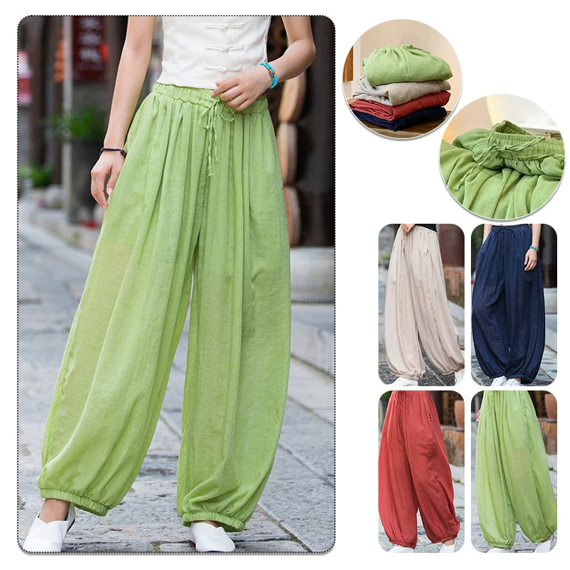 Women Vintage Literature Tie-dye Pants Summer Cotton Linen All-match Harem Pants Lady Casual Loose Bloomers Wide Leg Trousers