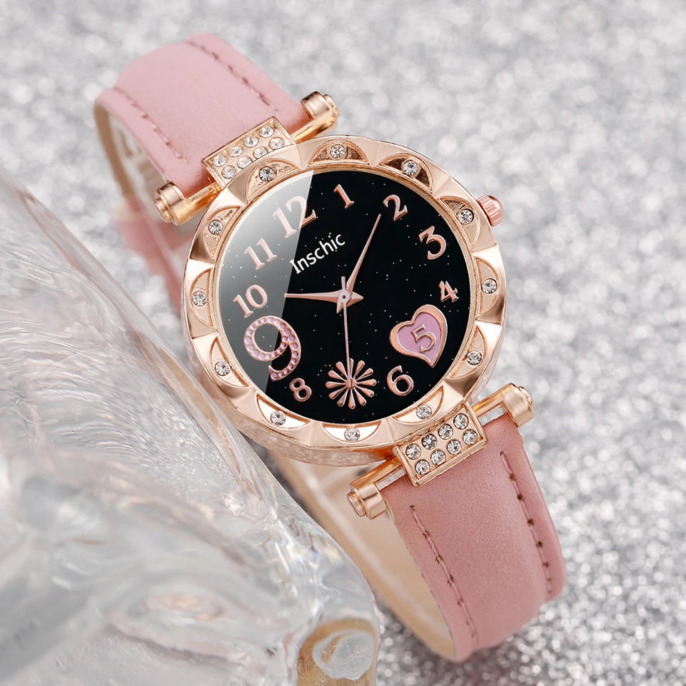 6PCS/Set Fashion Heart Dial Women's Watch Casual Leather Band Analog Quartz Watch Leaf Bracelets Set(Without Box)
