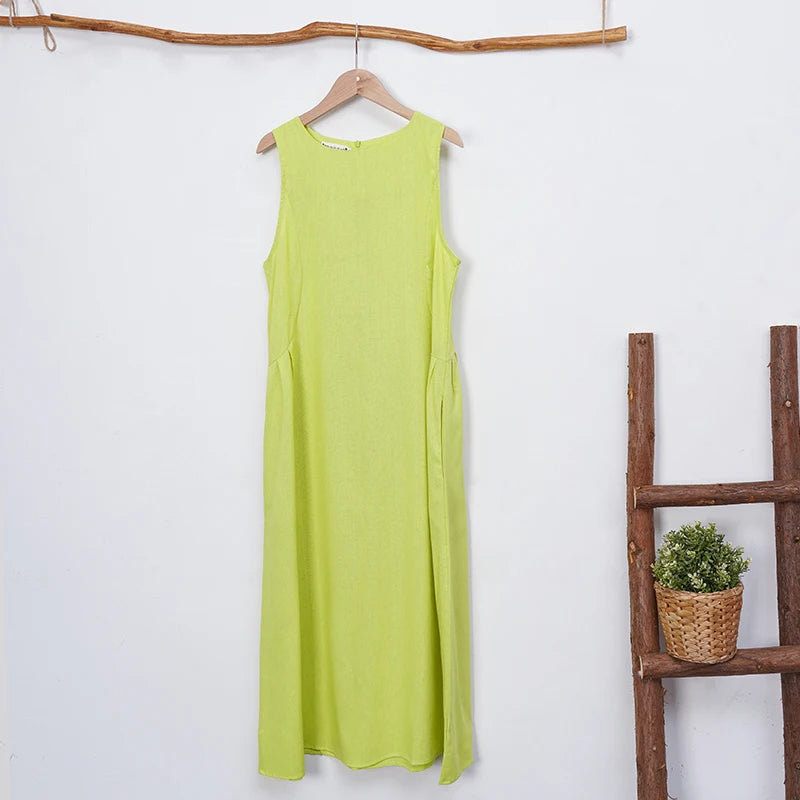 Women New Dresses Cotton Linen Sleeveless Loose Casual O-Neck Long Dress Robes vestidos casuales платье женское