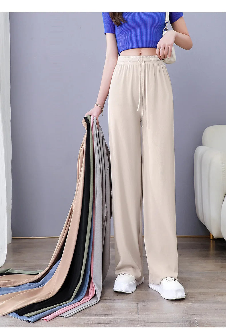 Women Long Pants Causal Elastic Waist Loose Basic Long Trousers For Female Spring Summer Wide Leg Long Pants