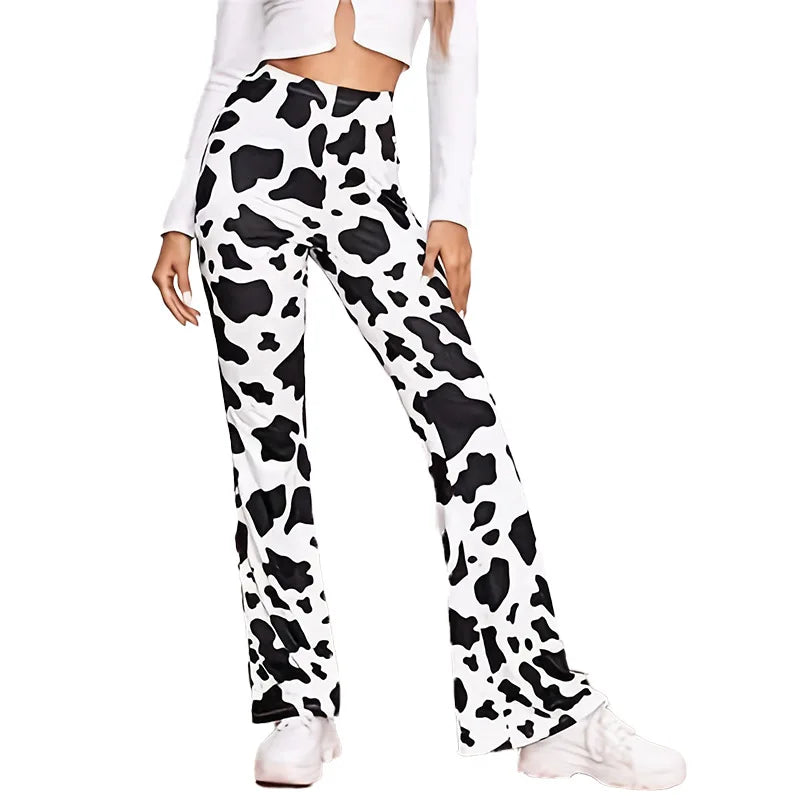 Women's milk cow printed bell bottomed pants with elastic casual sexy and comfortable pants