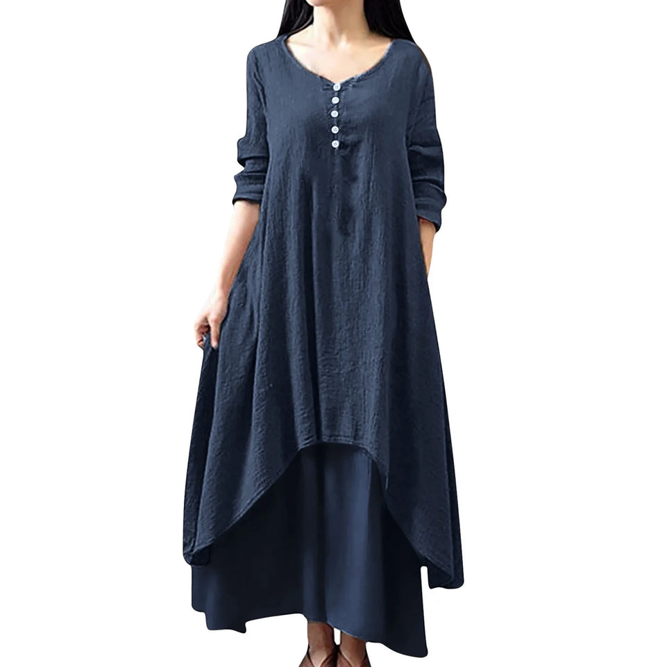 Women Elegant Linen White Dresses Bohemia Layering Vintage Robe Long Sleeve Loose Long Dress Female Autumn Vestidos