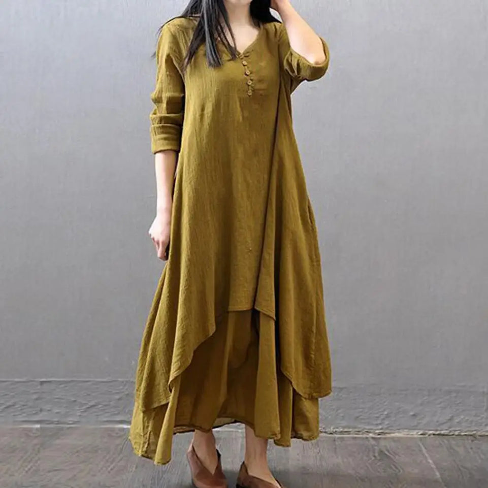 Women Elegant Linen White Dresses Bohemia Layering Vintage Robe Long Sleeve Loose Long Dress Female Autumn Vestidos